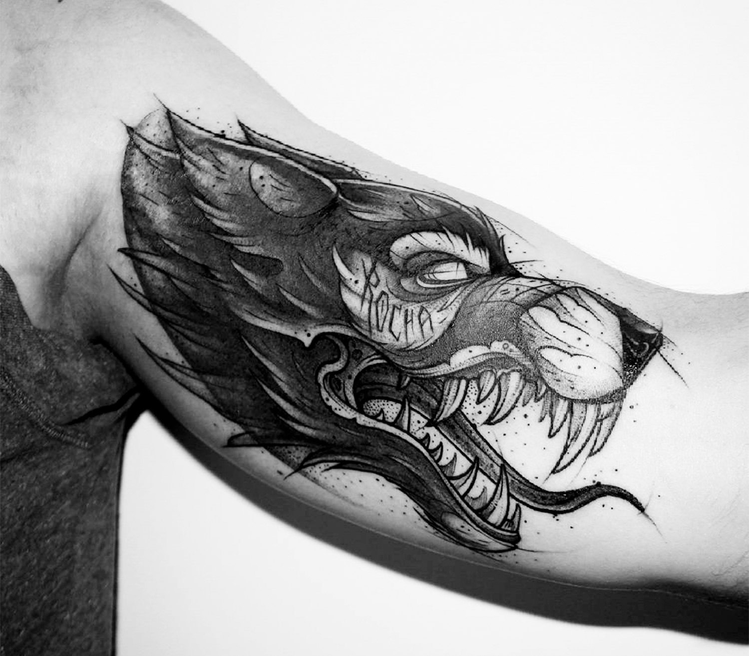 custom wolf tattoo inner arm, by kati berinkey