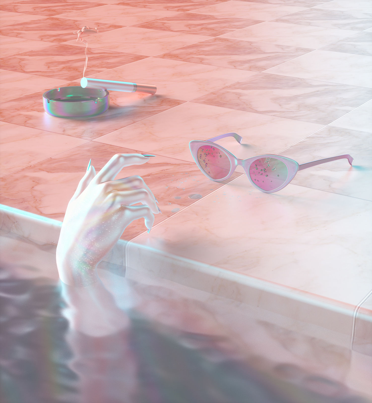 poolside, hand coming out of water, sunglasses, 3d art