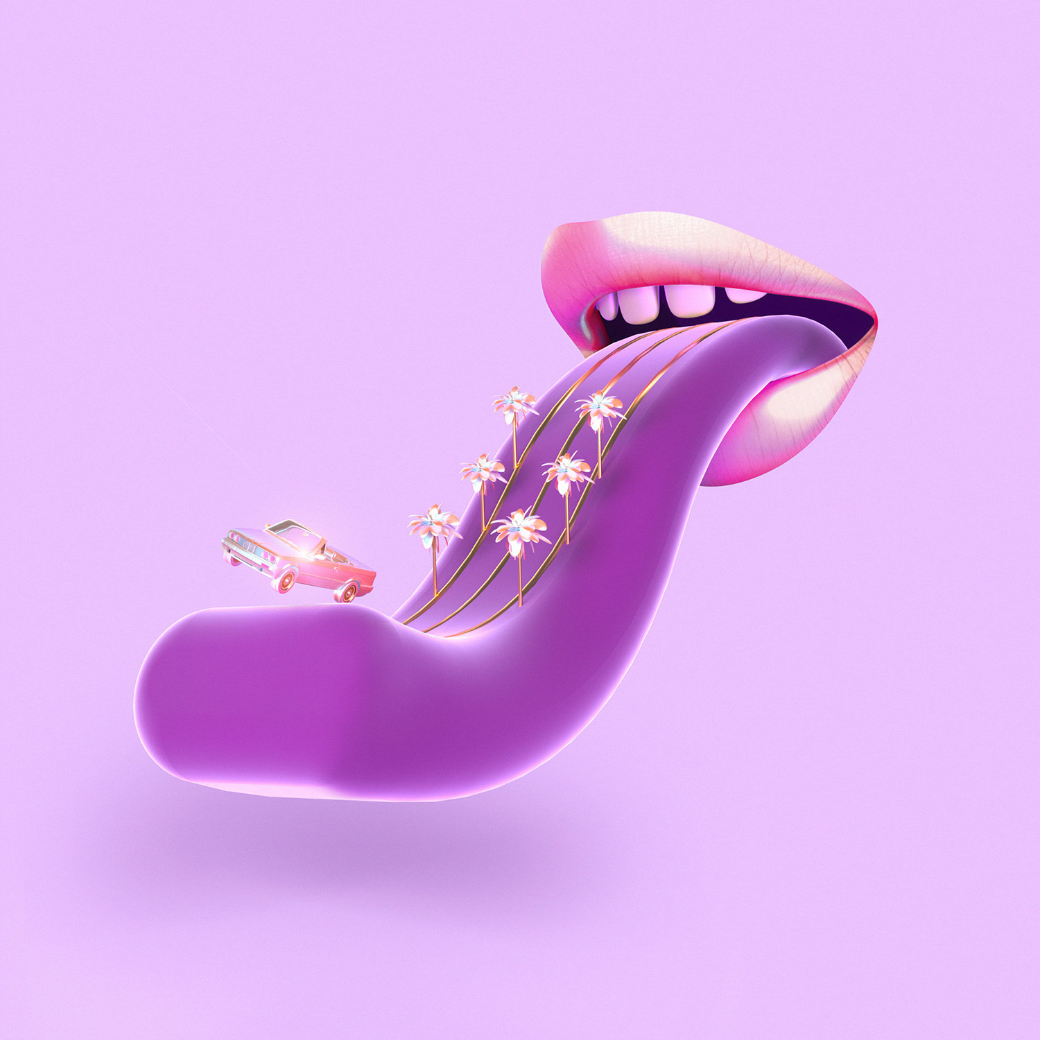 Tongue and palm trees, 3d digital art, pink and purple