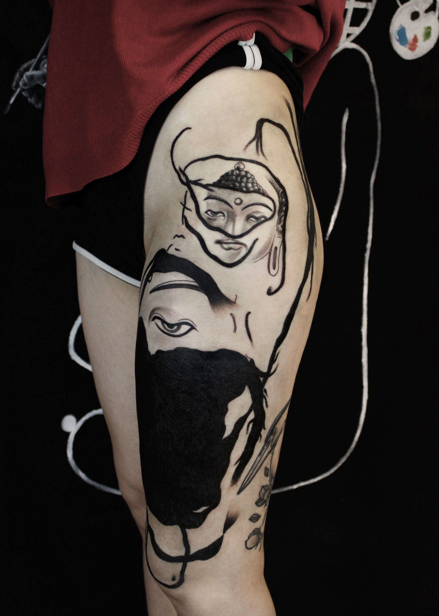 blackout tattoo with realistic portrait