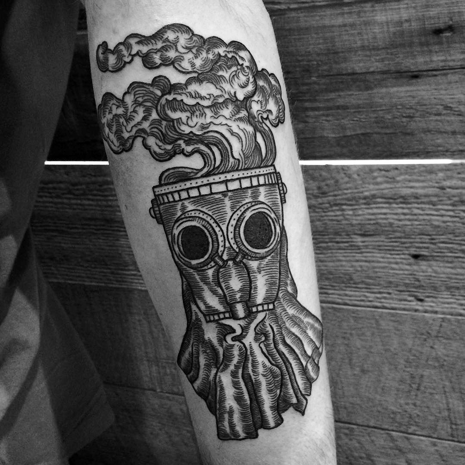Meagan Blackwood, tattoo - gas mask
