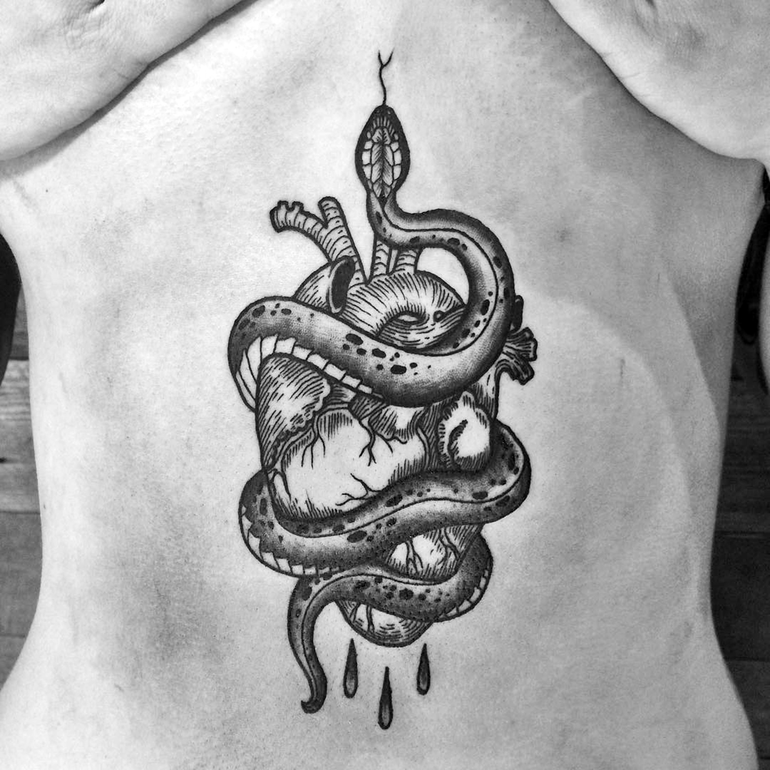 Meagan Blackwood, tattoo - snake and heart