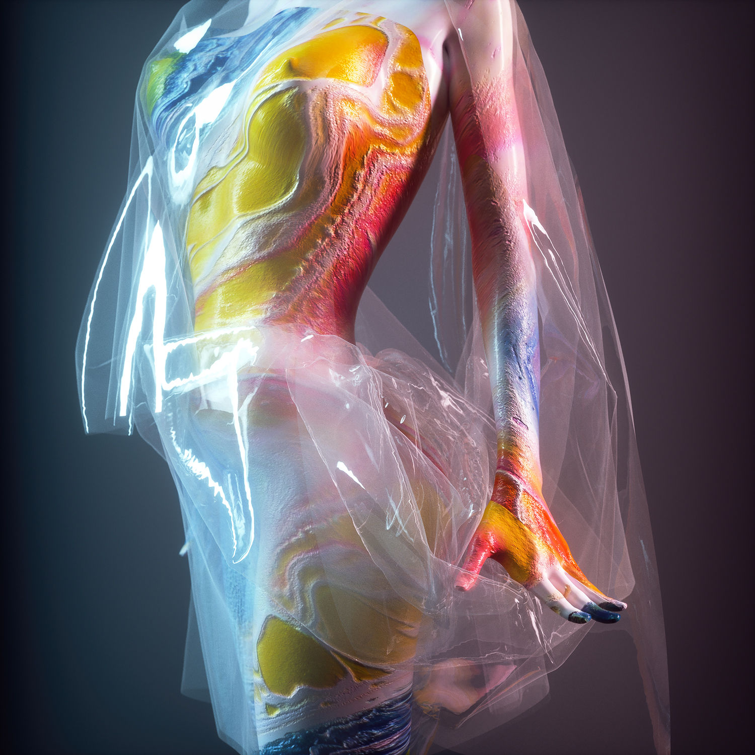 mirage, colorful woman, body shot, 3d art