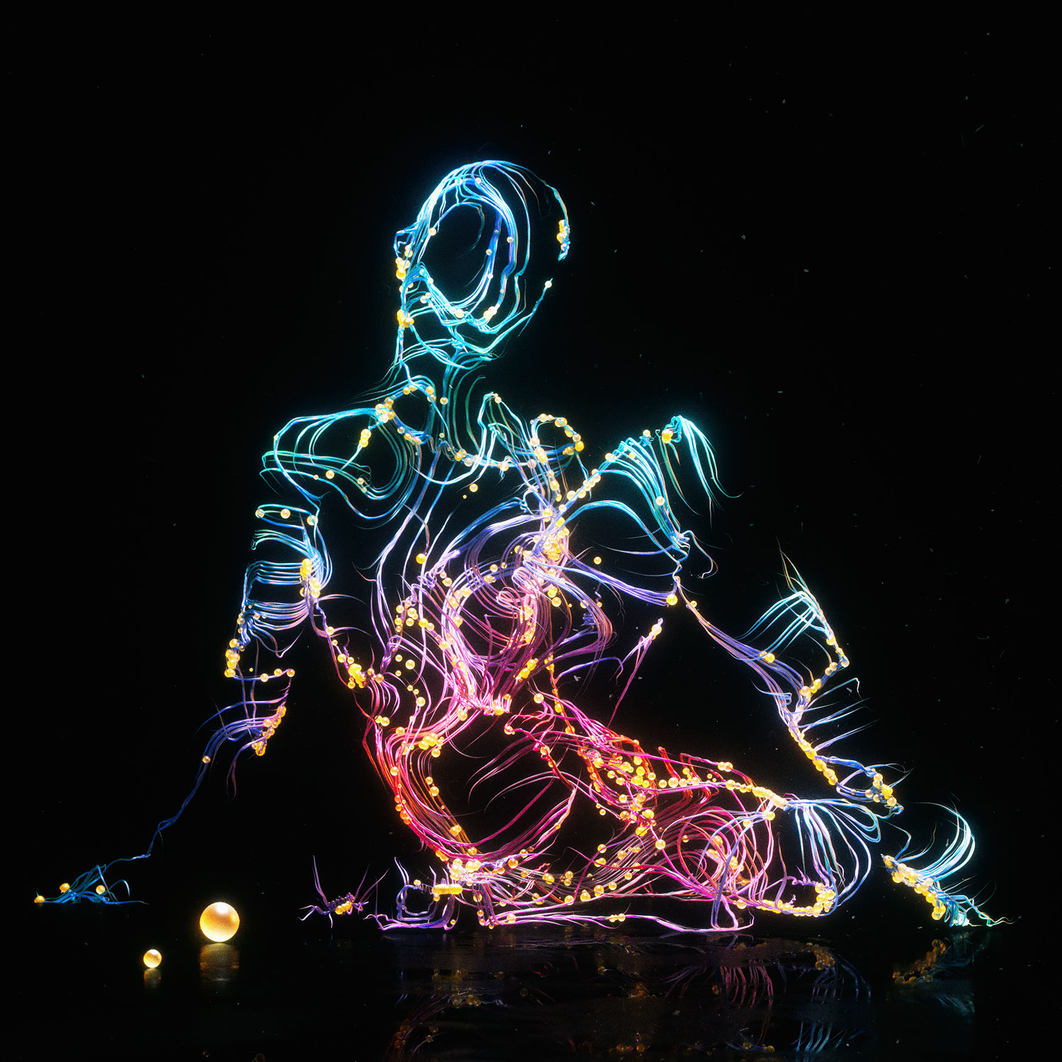 stylized figure, black background, colored lights