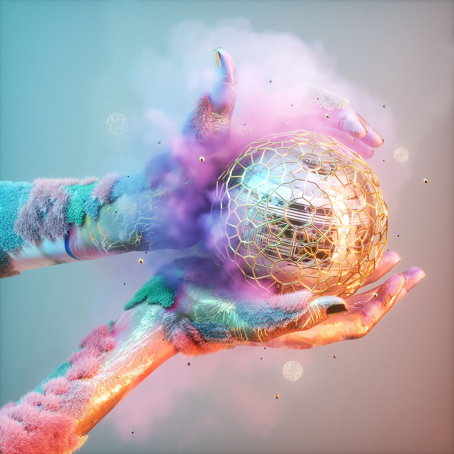 dimensions, hand holding sphere, powder dust, 3d digital art
