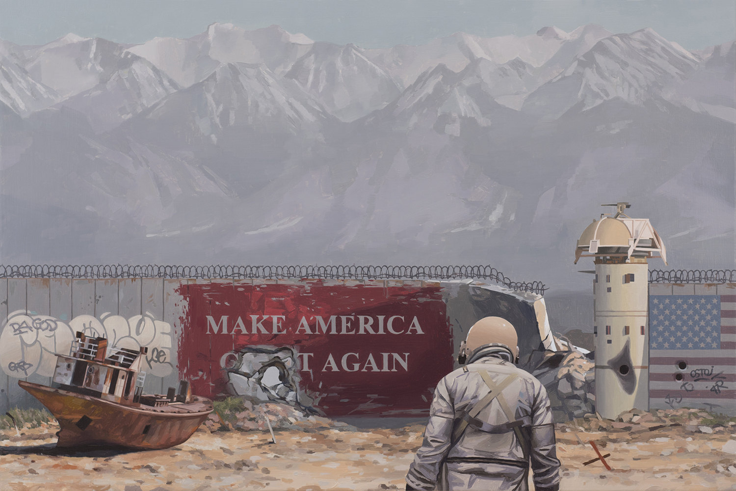 make american great again, astronaut and mountain backdrop, painting