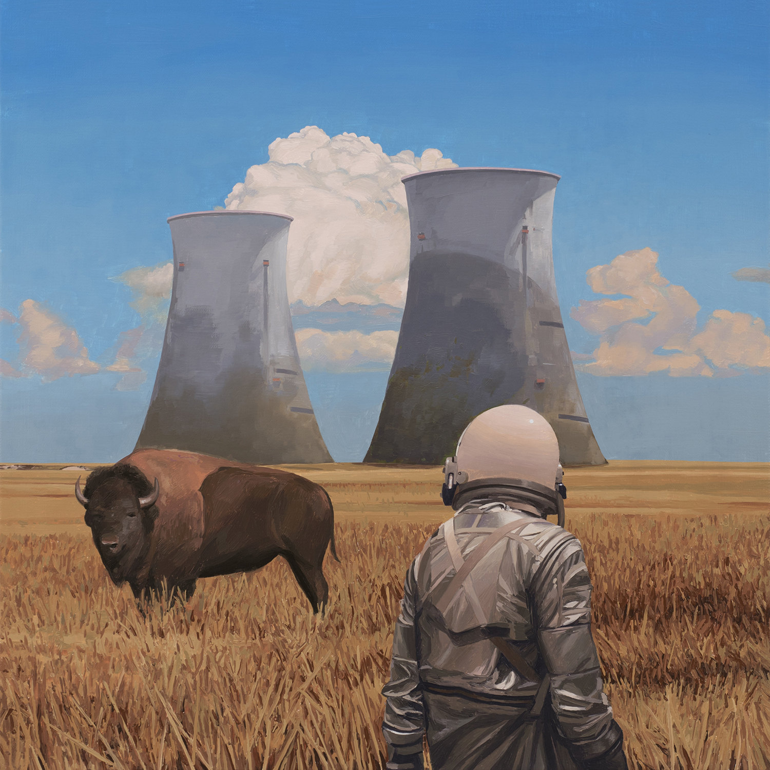 buffalo and astronaut in field, painting