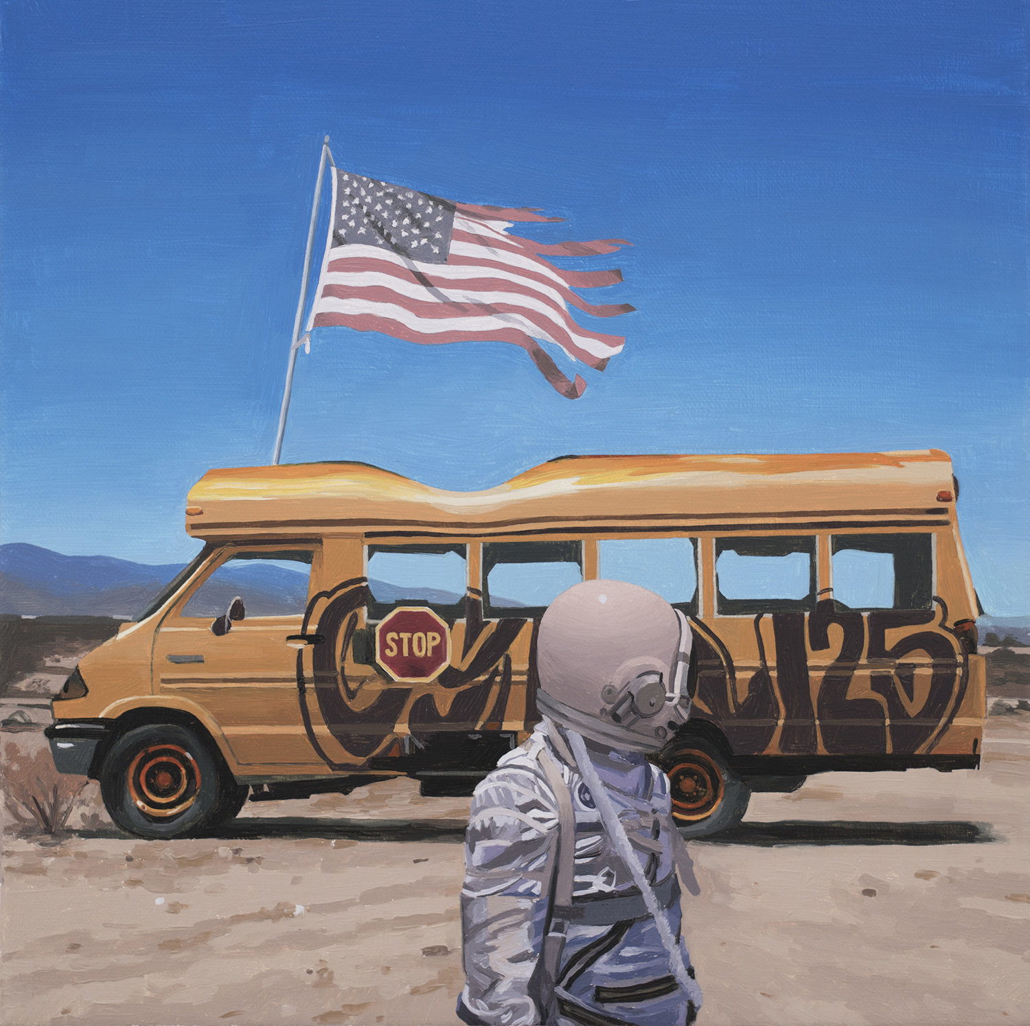 the bus, school bus with american flag and astronaut, painting