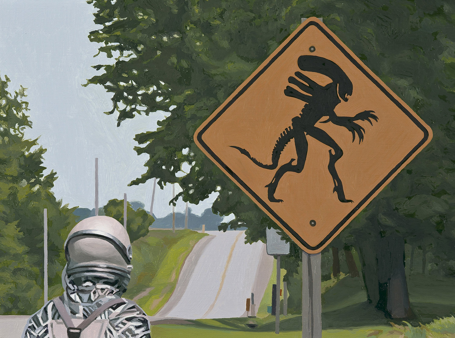 alien crossing, astronaut looking at street sign