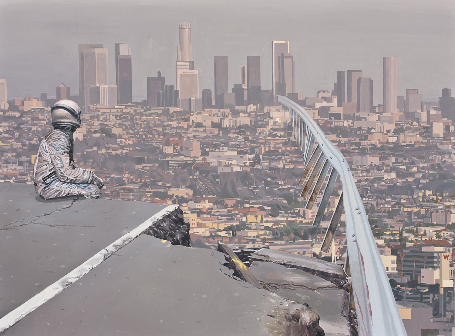 lost highway, astronaut overlooking the smoggy city, painting