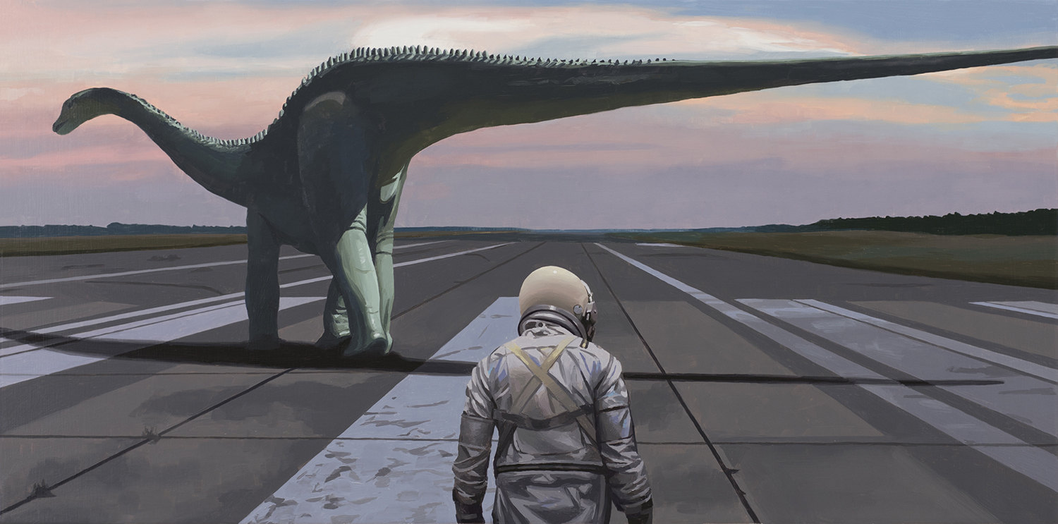 Diplodocus, dinosaur and astronaut on runway, painting