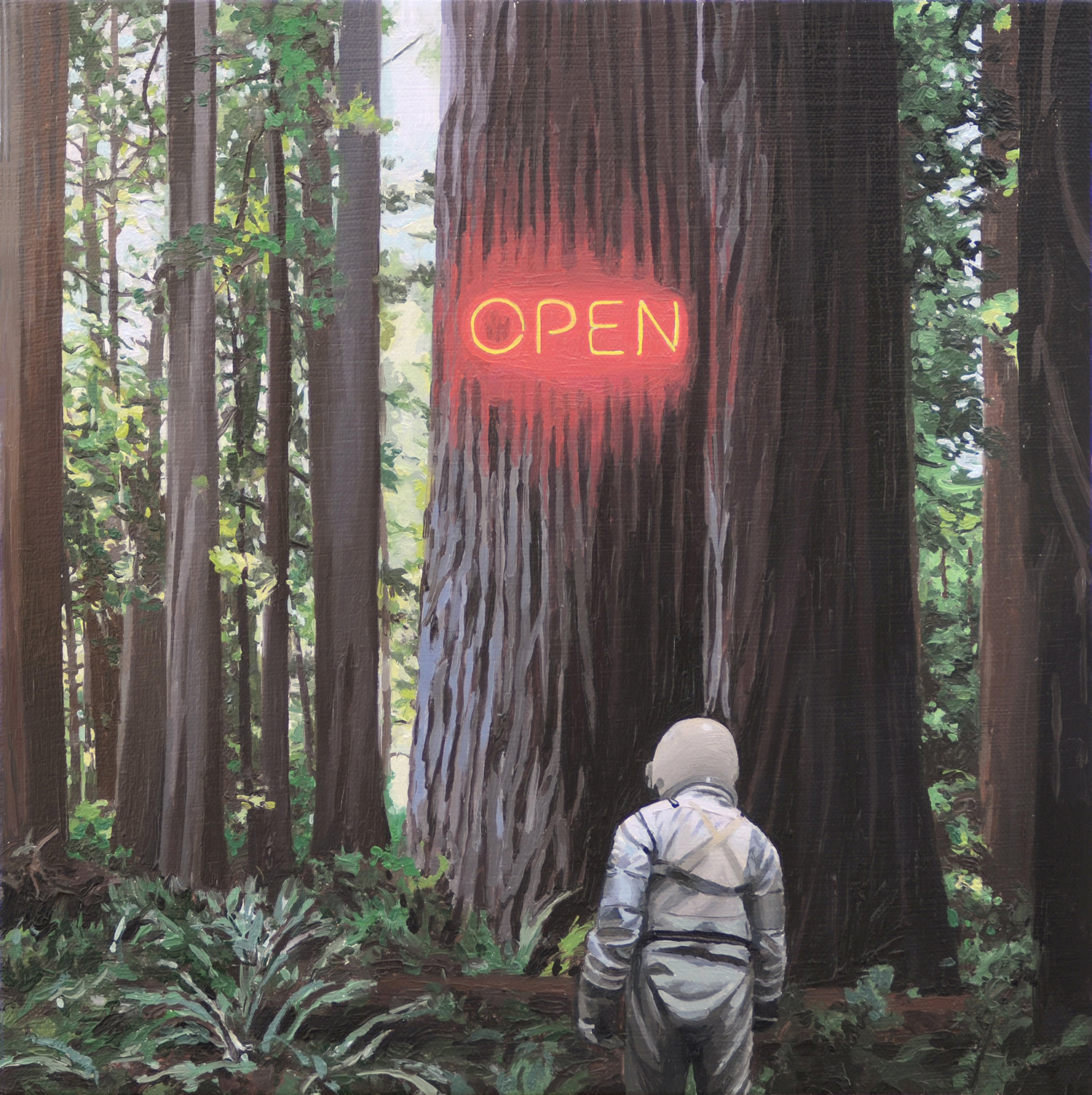 in the forest, open illuminated sign on tree, astronaut