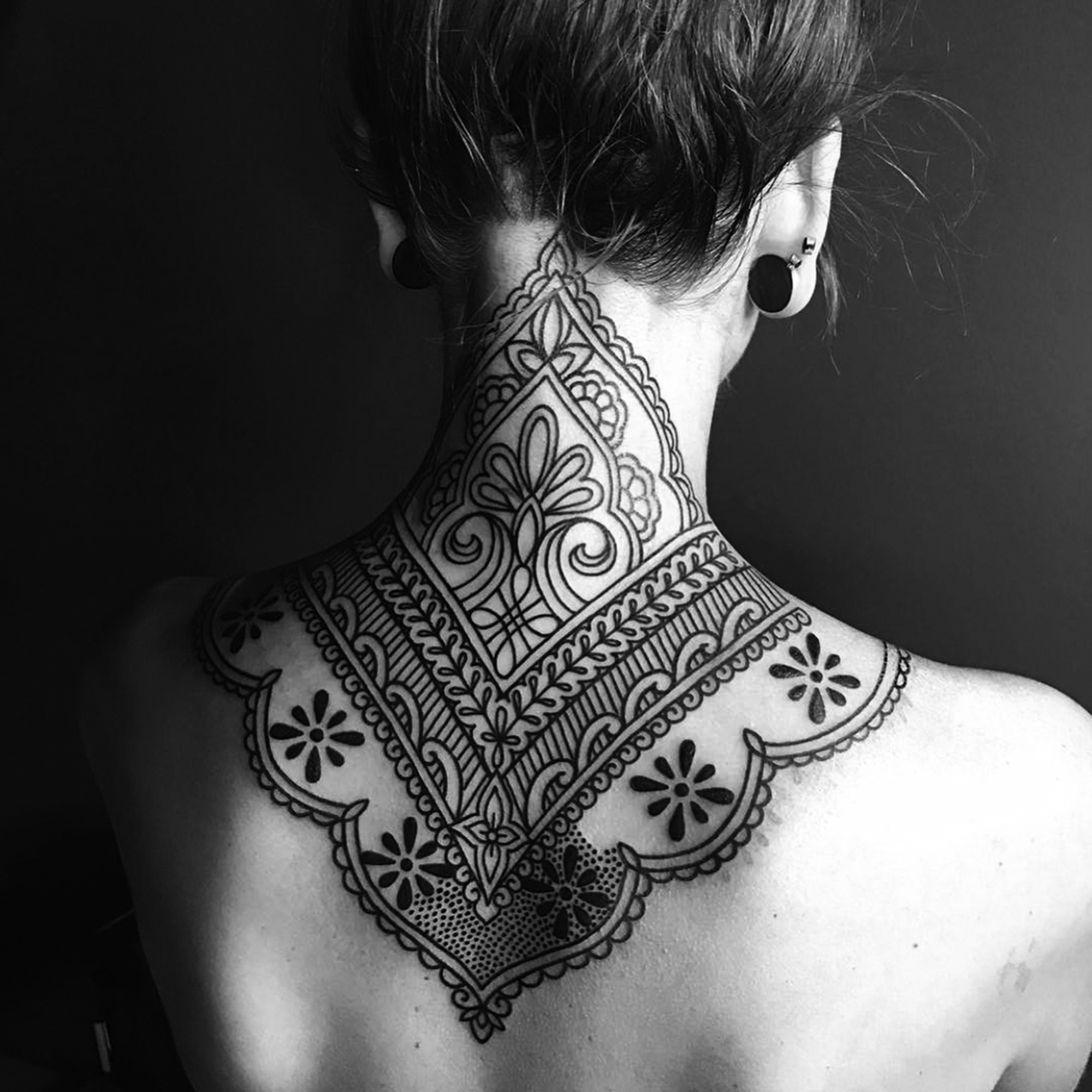 Ellemental Tattoos - upper back ornamental tattoo, blackwork 2