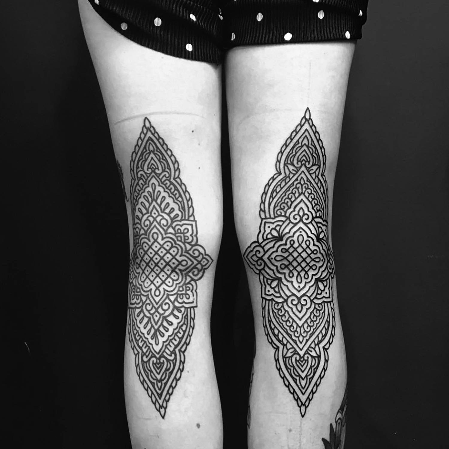 Ellemental Tattoos - back of knees ornamental tattoos