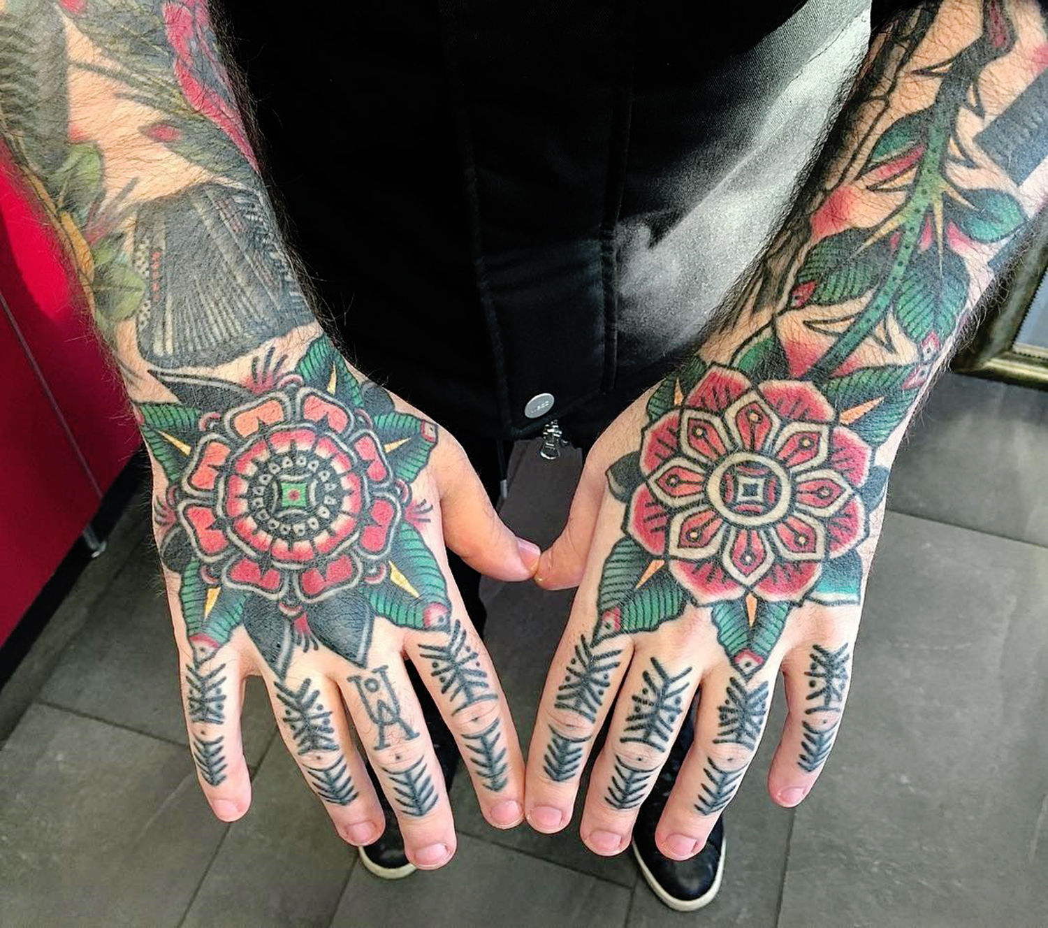 flower on hands, tattoos