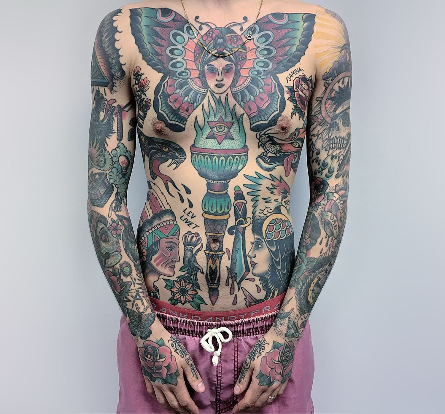 chest and arm tattoos, oldschool style, traditional tattoos , on emil hammarberg