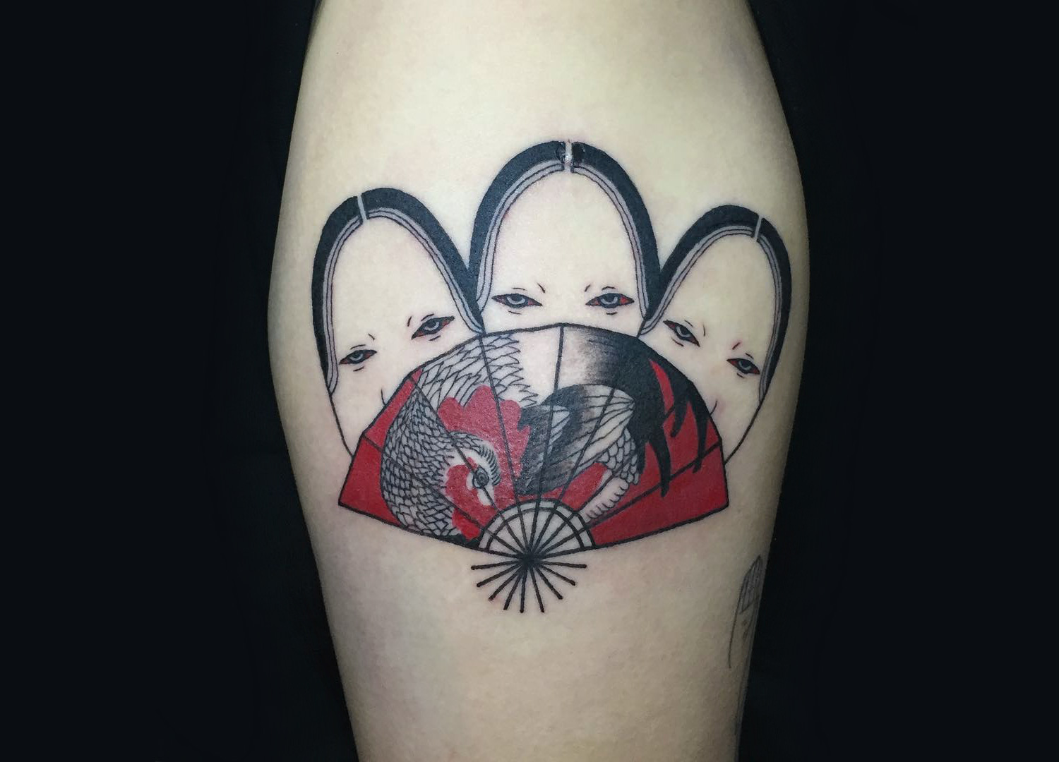 Japanese mask and fan tattoo by Suzani.