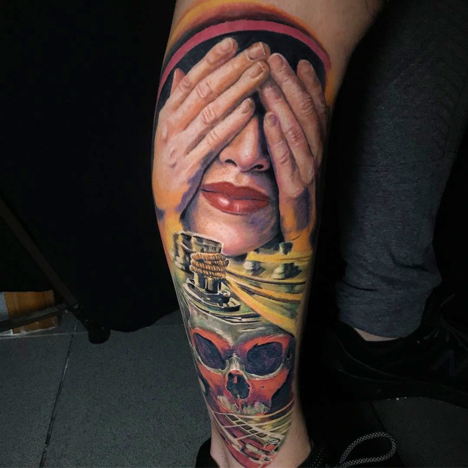 hiding face, portrait tattoo