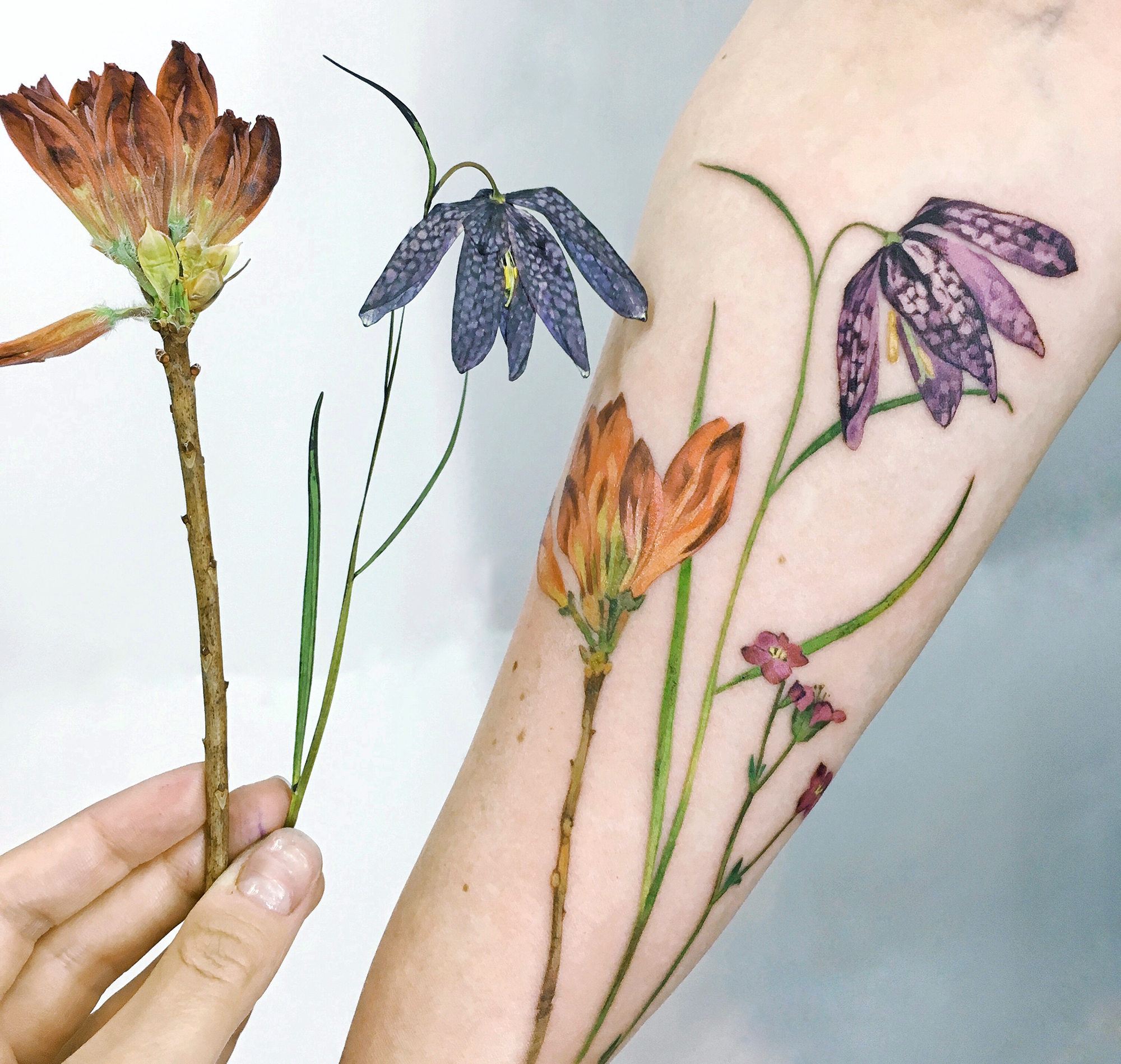 dried flowers, live leaf tattoo by rit kit