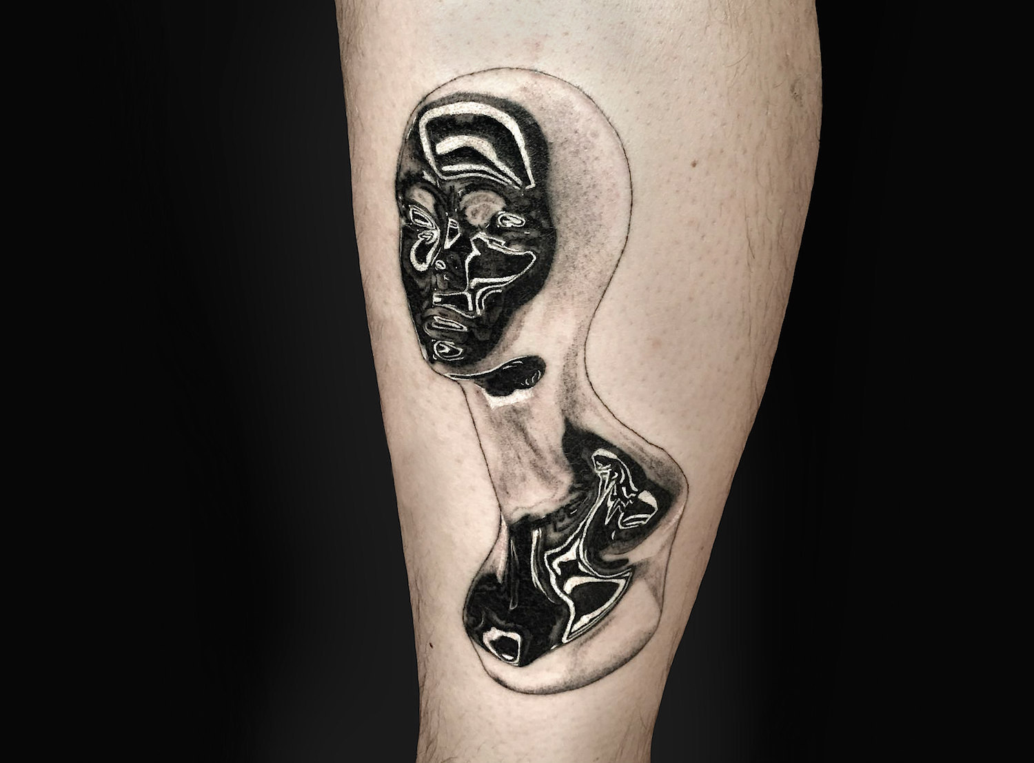Single needle chrome mannequin tattoo by Shannon Perry