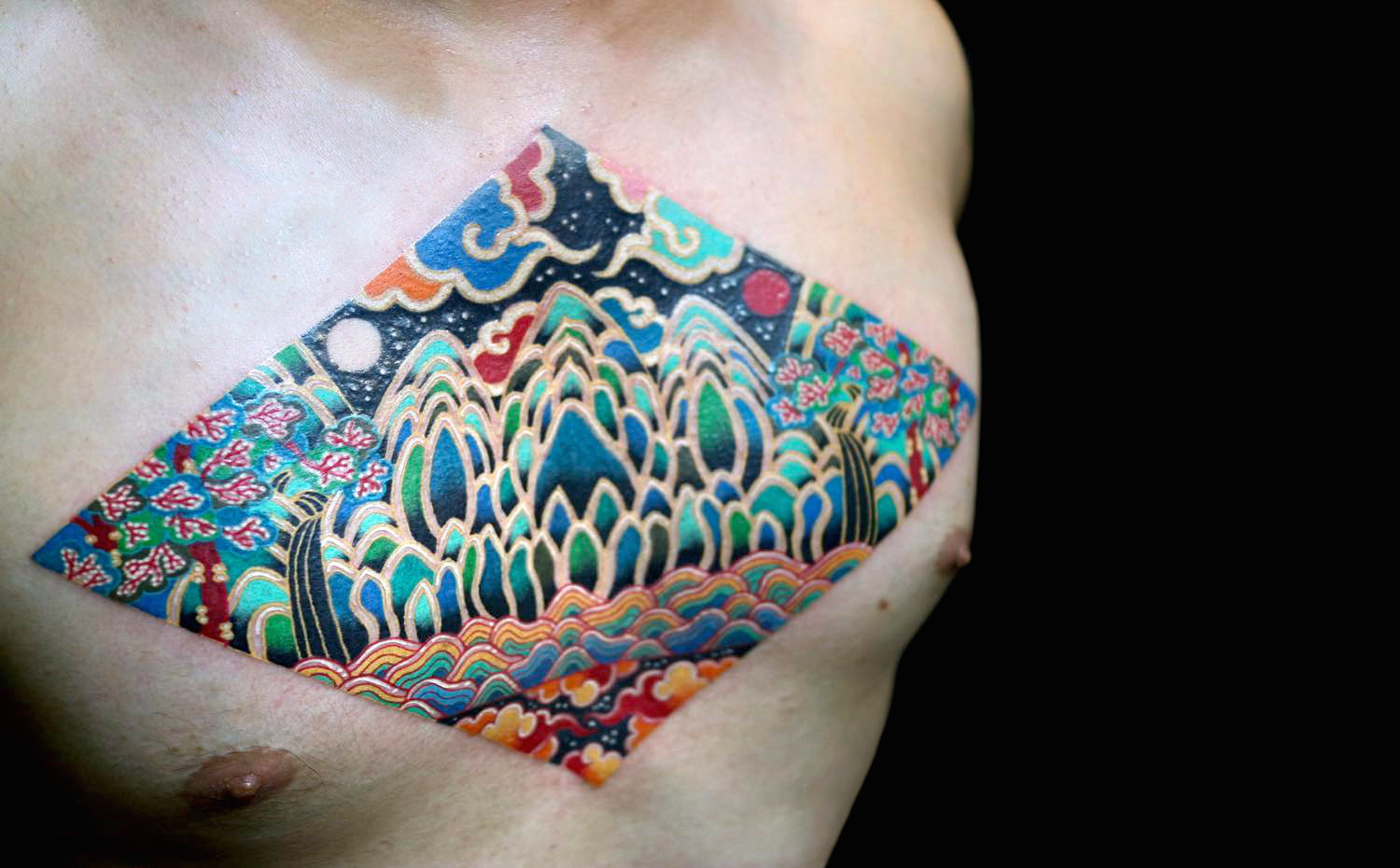 Psychedelic mushroom landscape chestpiece tattoo by Pitta KKM
