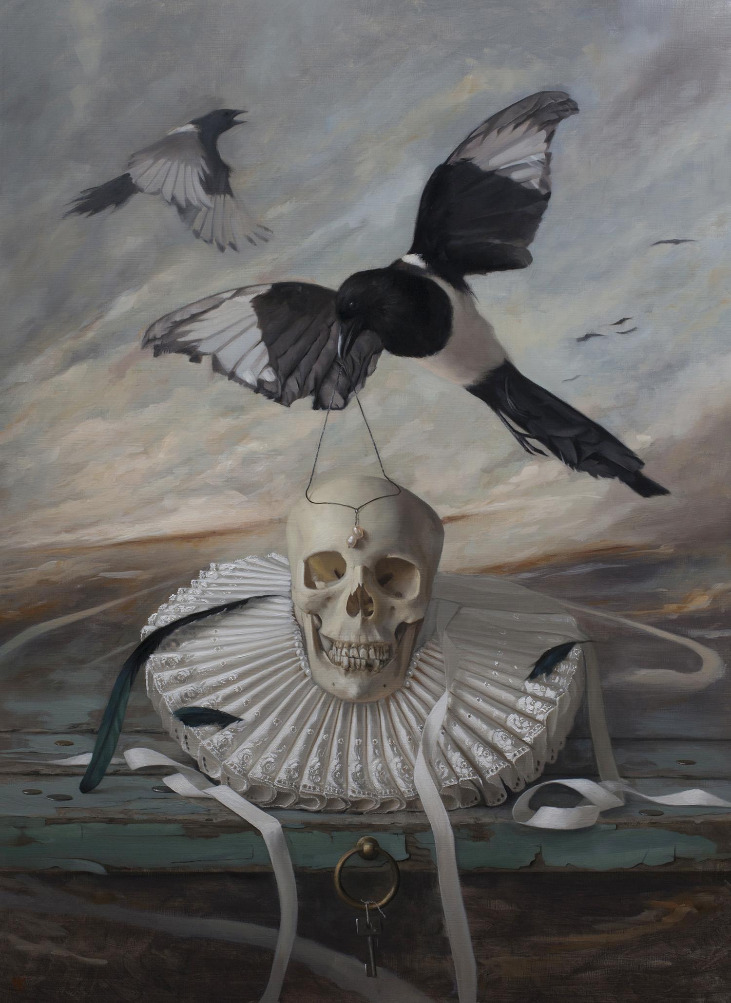 adornment, oil painting by david gluck, fine art, still life, bird and human skull