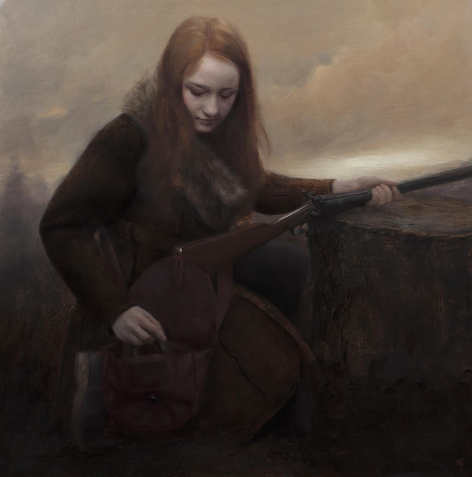 Dusk, painting by david gluck, girl with rifle