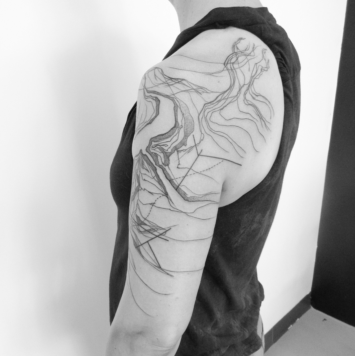 abstract linework tattoo, sleeve