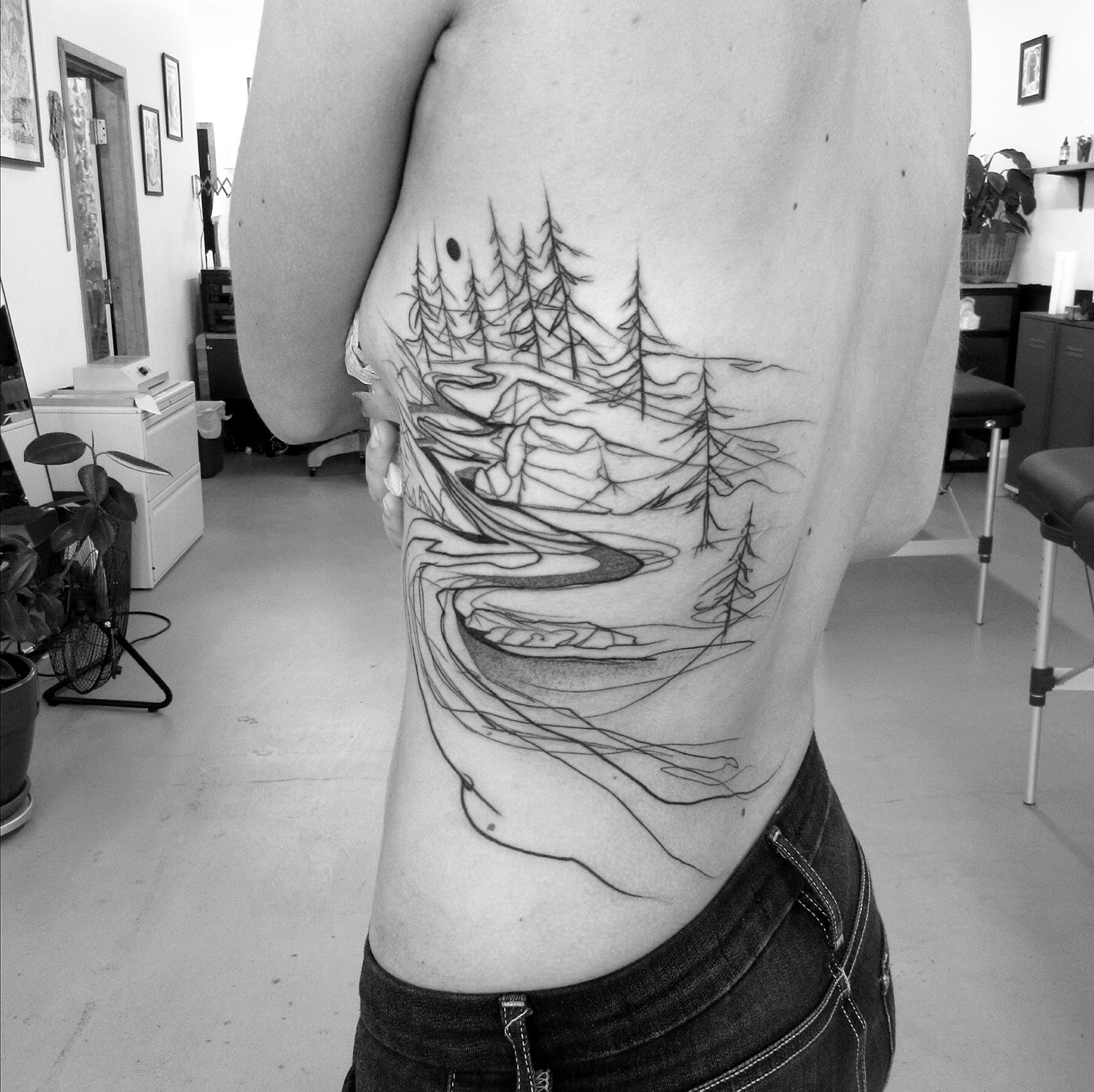 natural landscape tattoo, blackwork