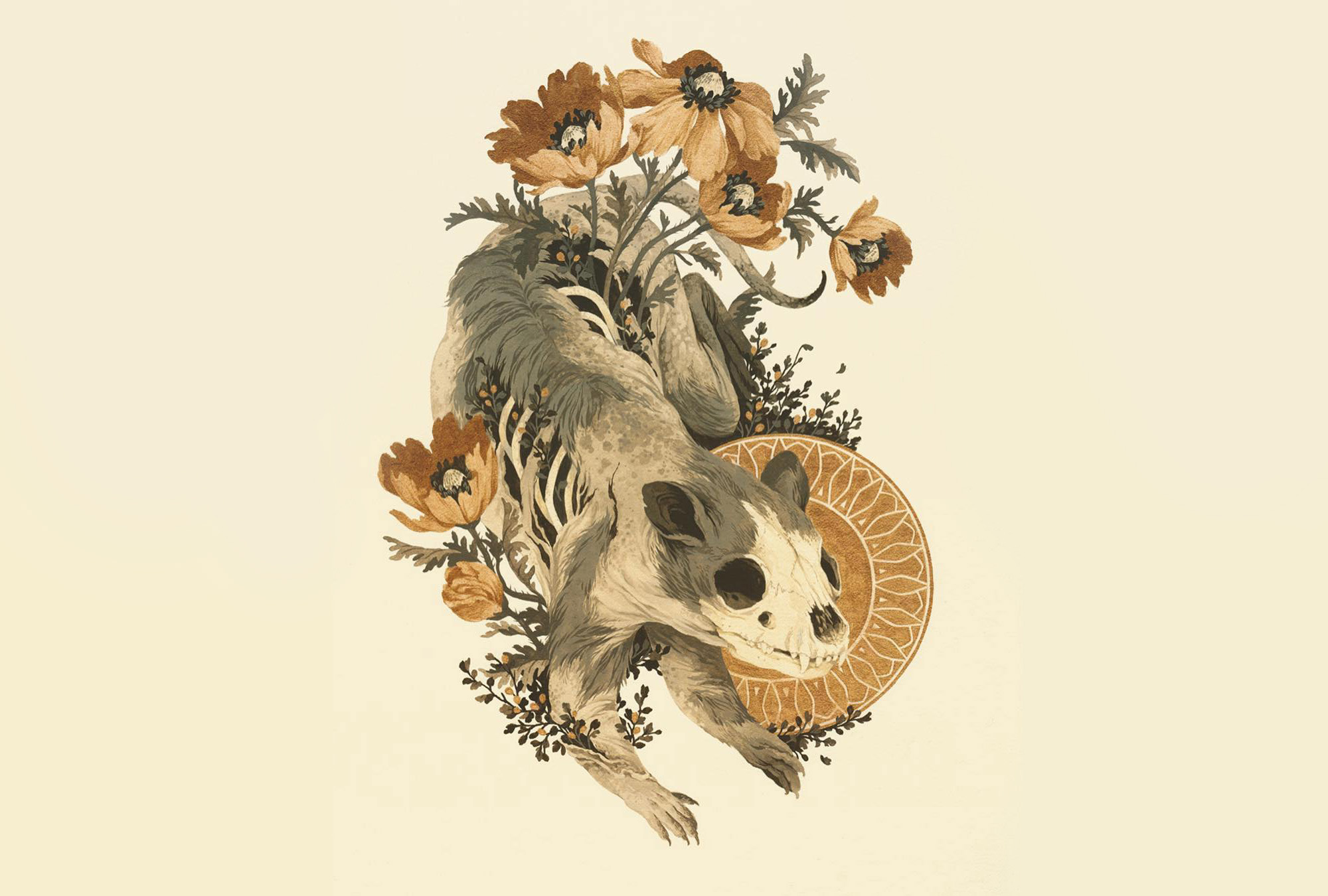 Partial animal skull with flowers