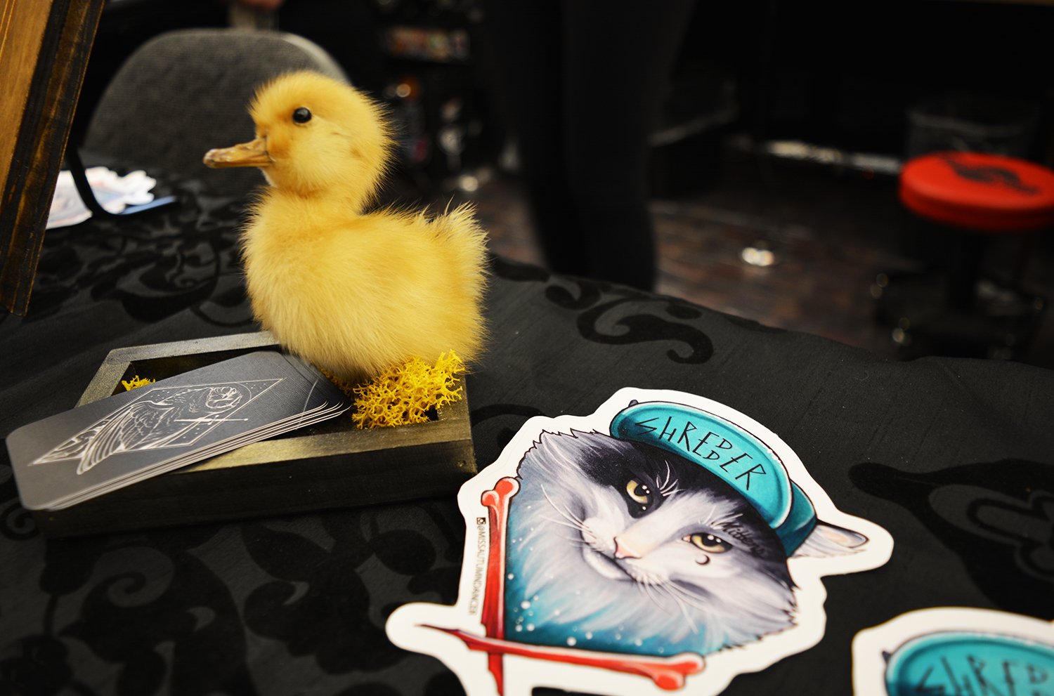 duck and stickers, tattoo booth