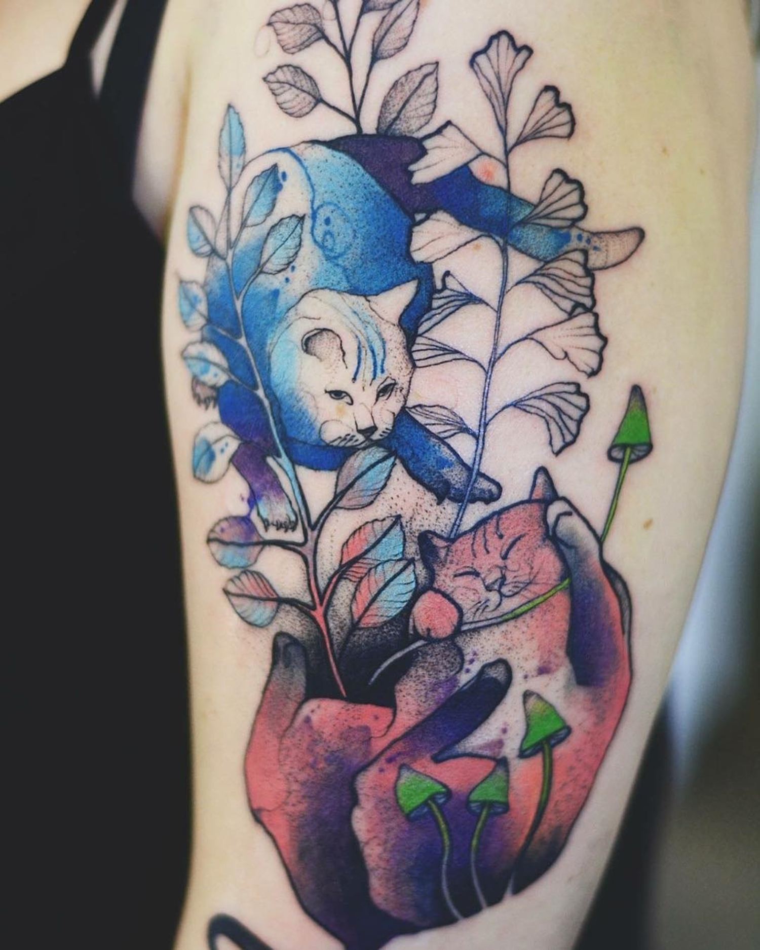 blue cat and nature tattoo