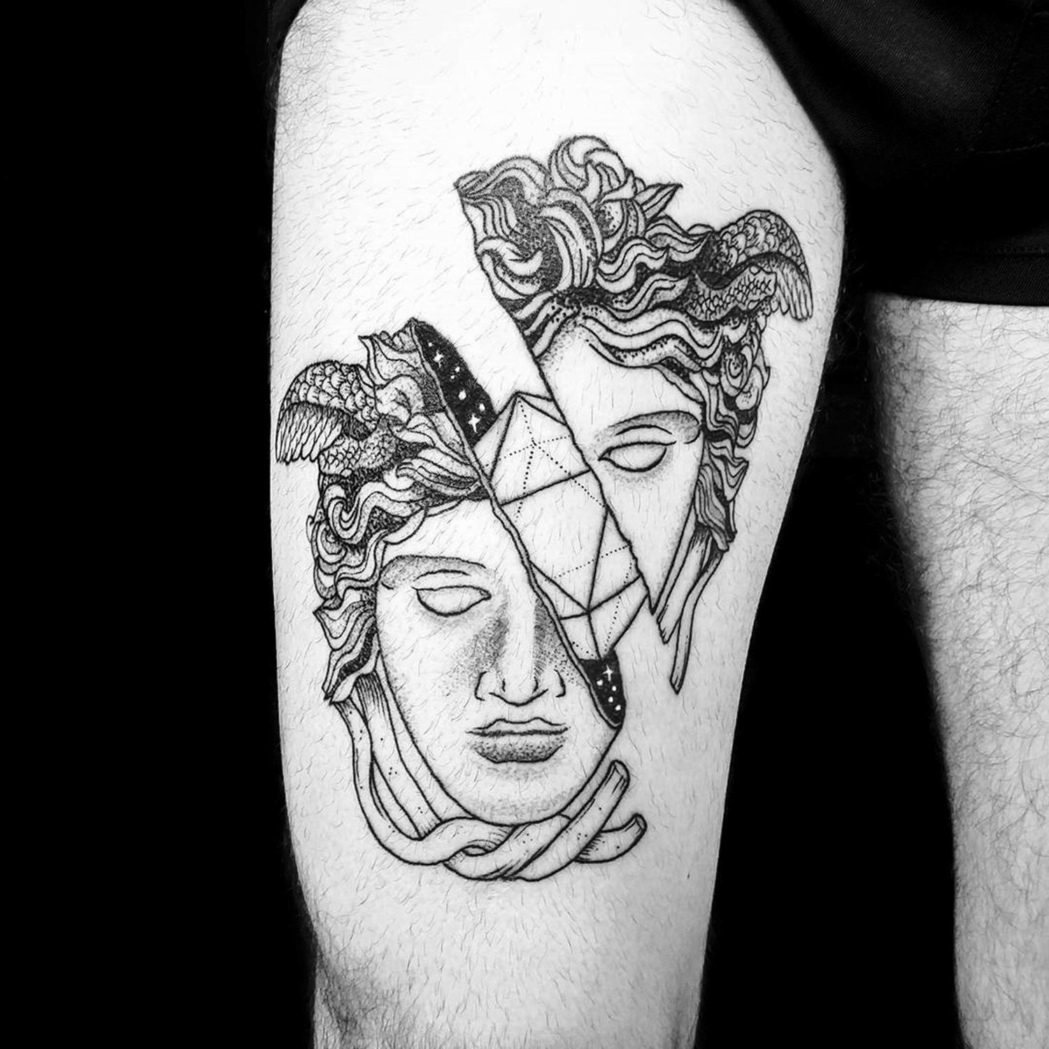 medusa with cut out head, stars outer space tattoo