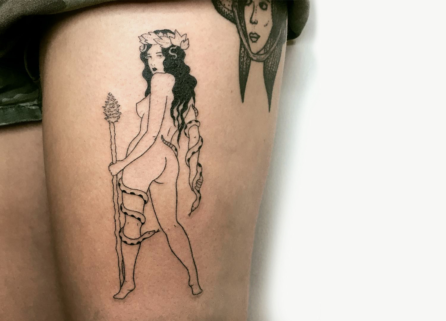 Natural warrior goddess handpoke tattoo by Tati Compton
