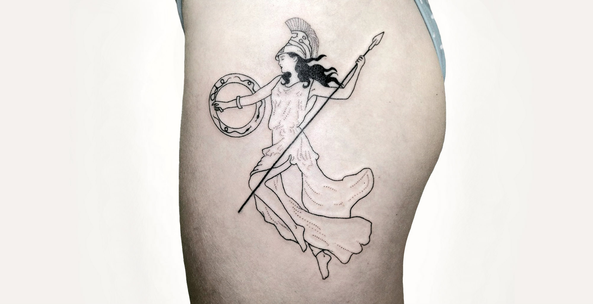 Warrior Athena handpoke tattoo by Tati Compton