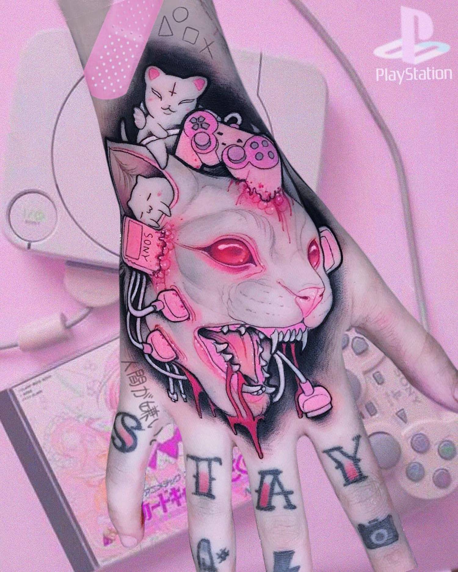scary cat tattoo, hand tattoo, pink
