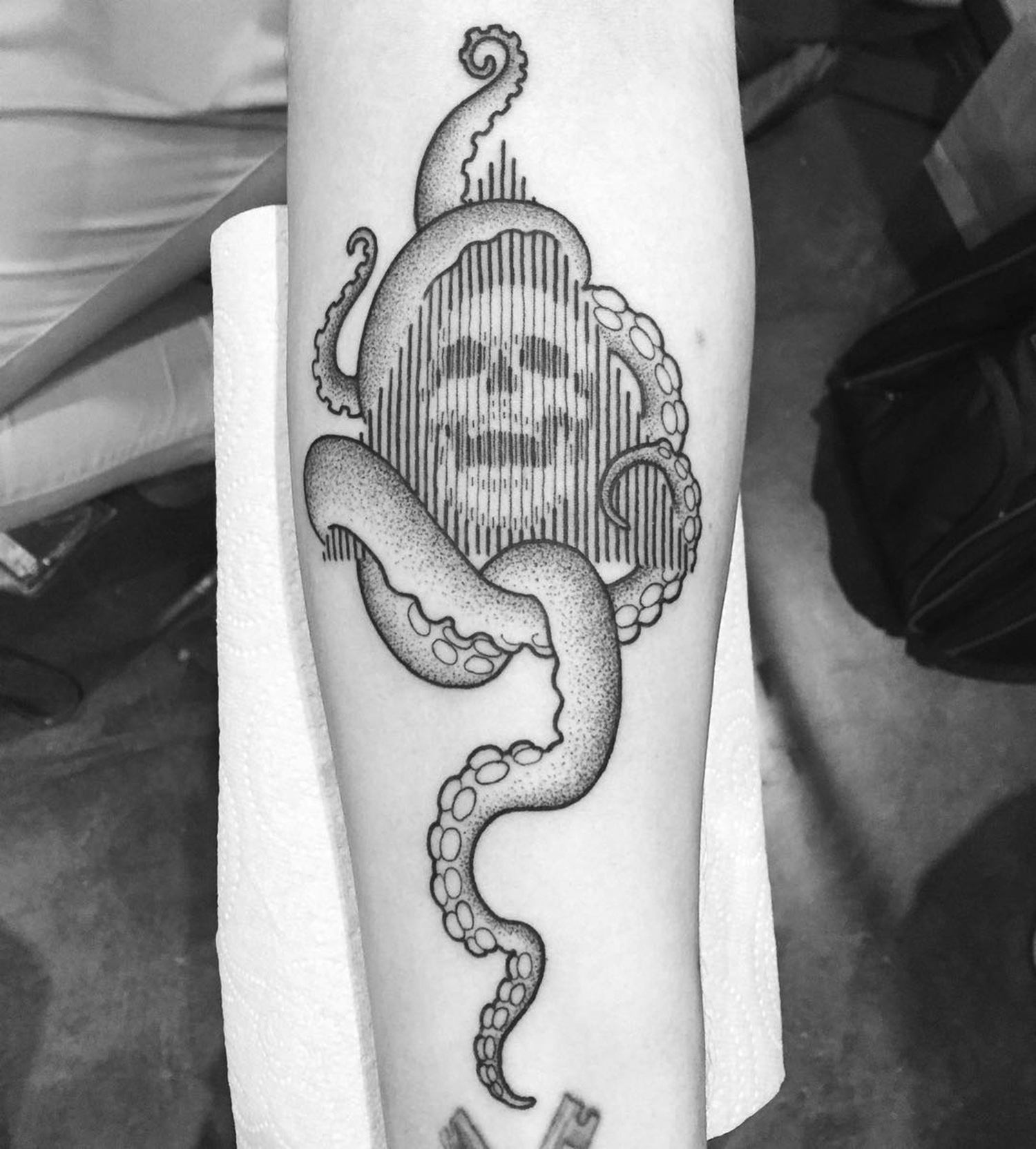 skull and octopus tattoo, blackwork by Francesco Rossetti 