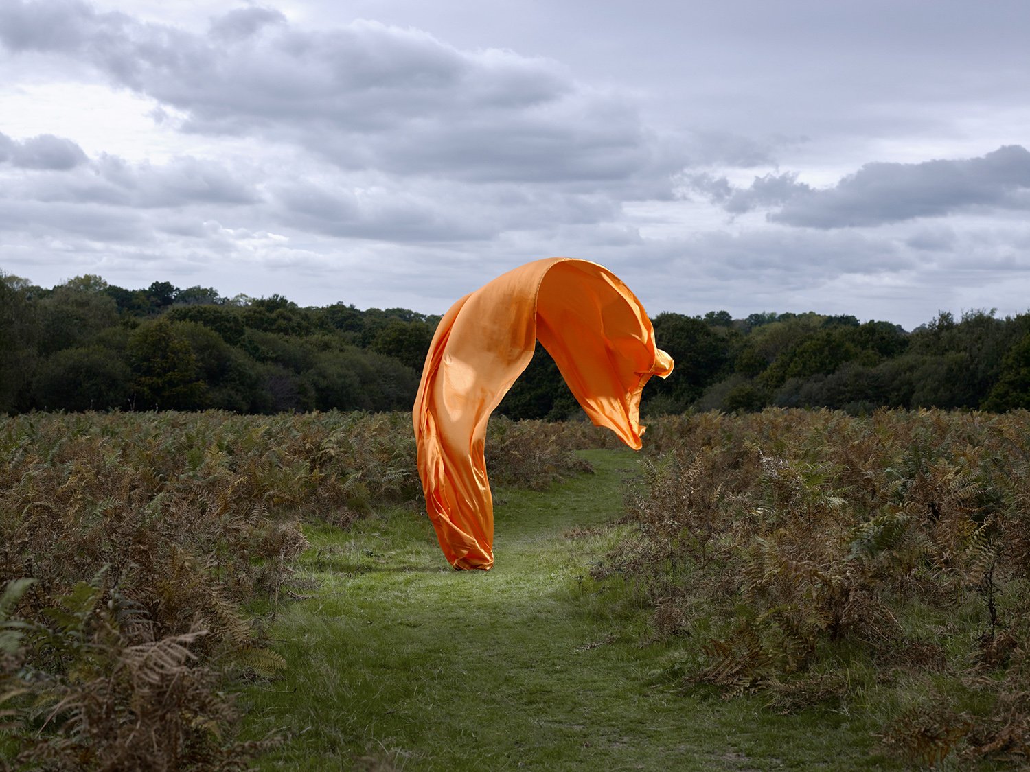 Transient Sculptures. orange satin sheet in field