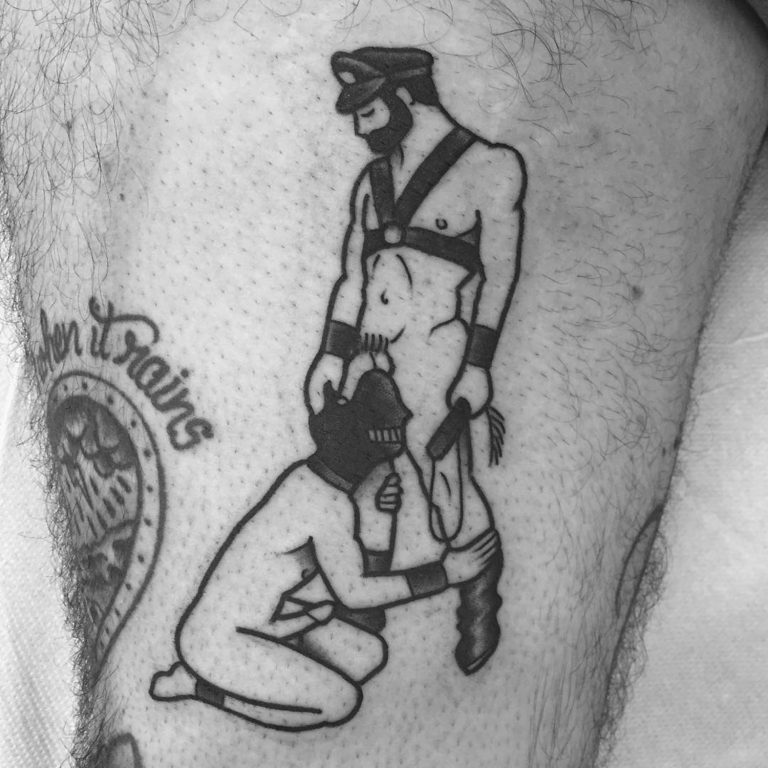 Vintage pigtails gay tattoo