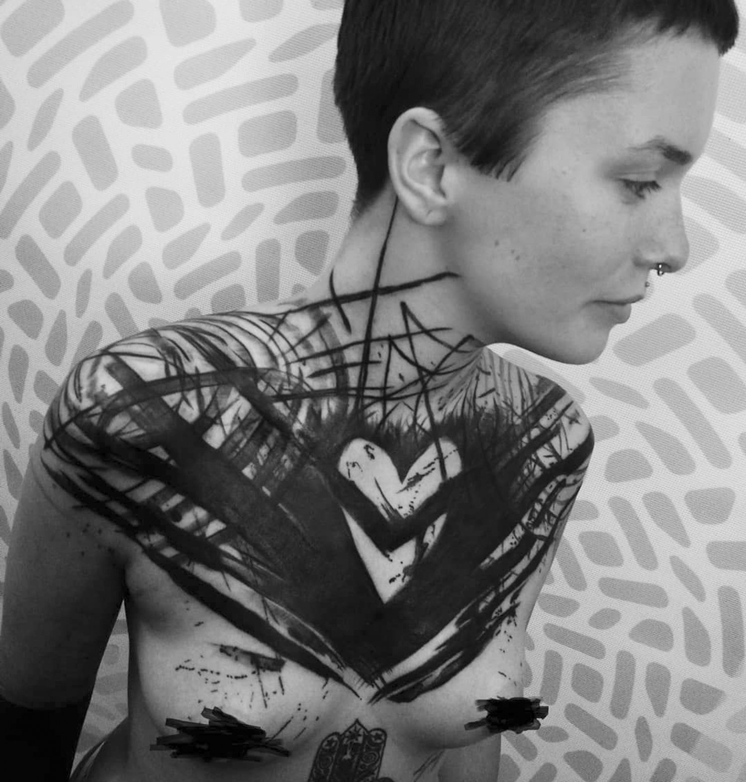 blackwork on chest, by brushstroke blackwork tattoo on neck and chest, germany tattooer
