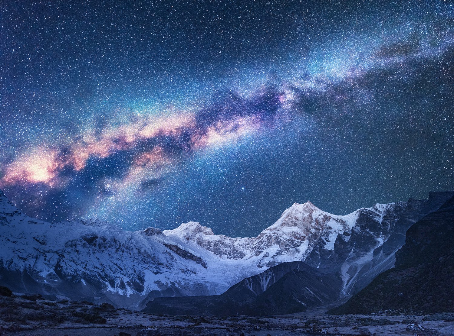 Space. Night landscapw with Milky Way and mountains