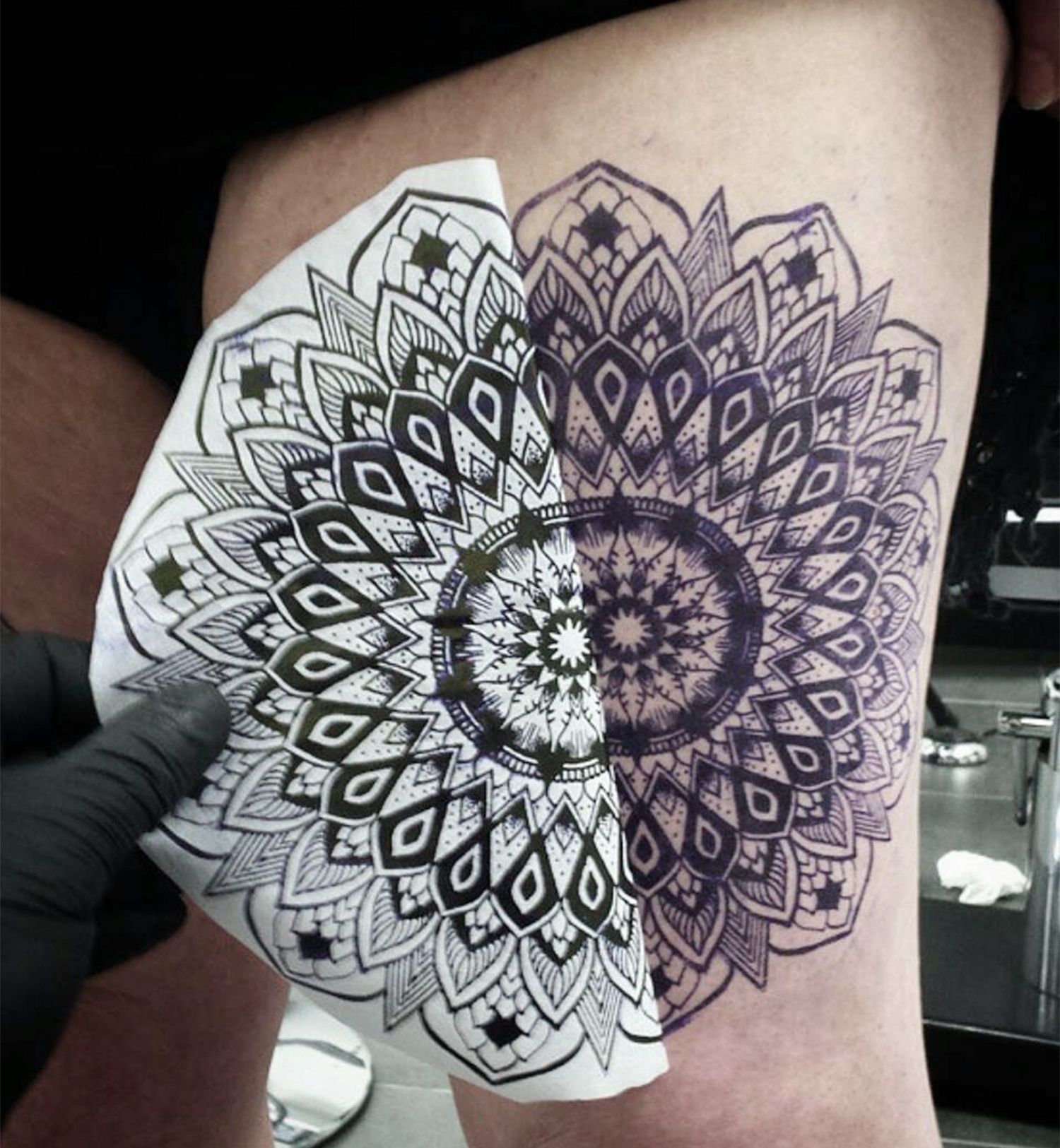 stencil tattoo of mandala on leg