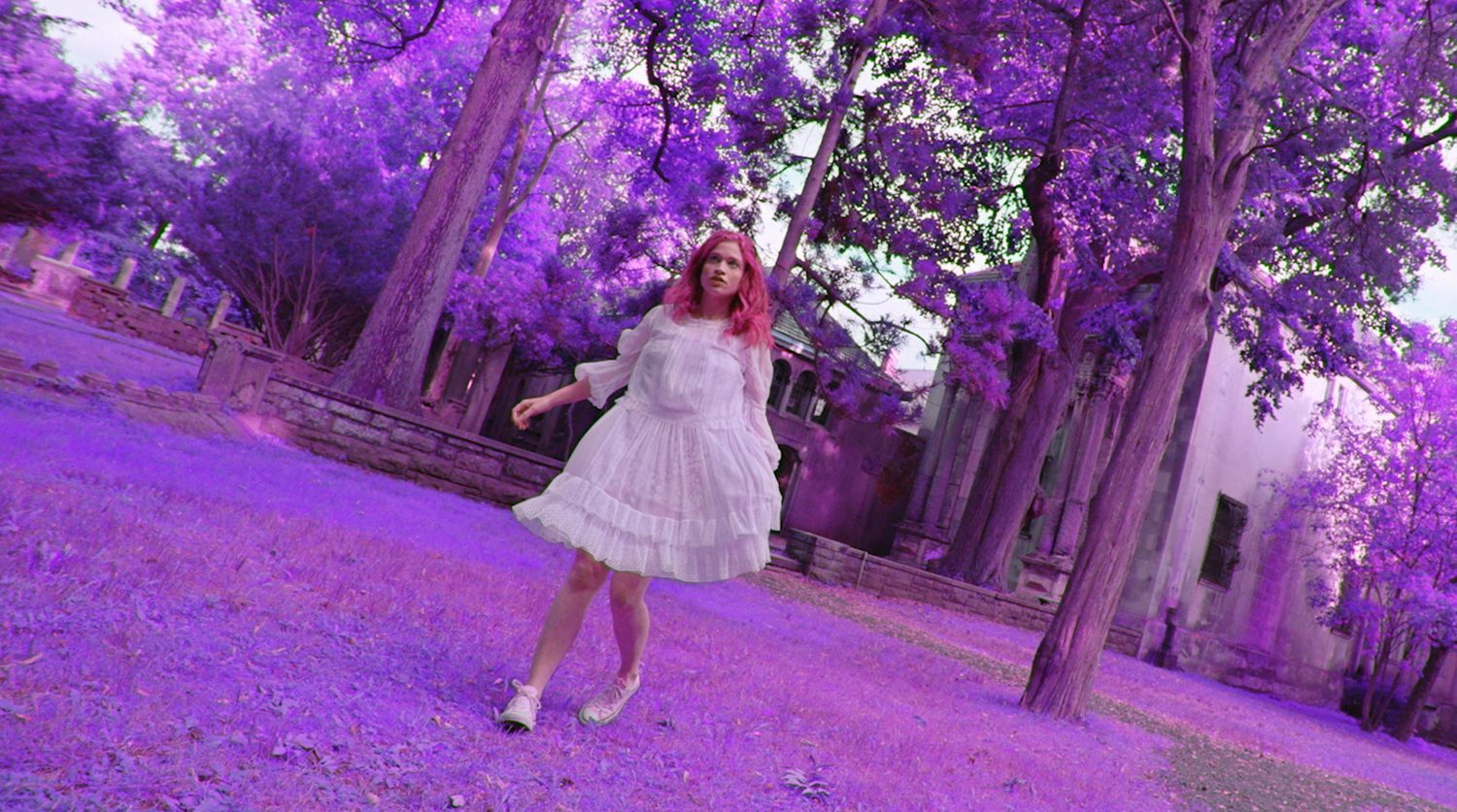 pink filter, girl in forest, Braid horror movie