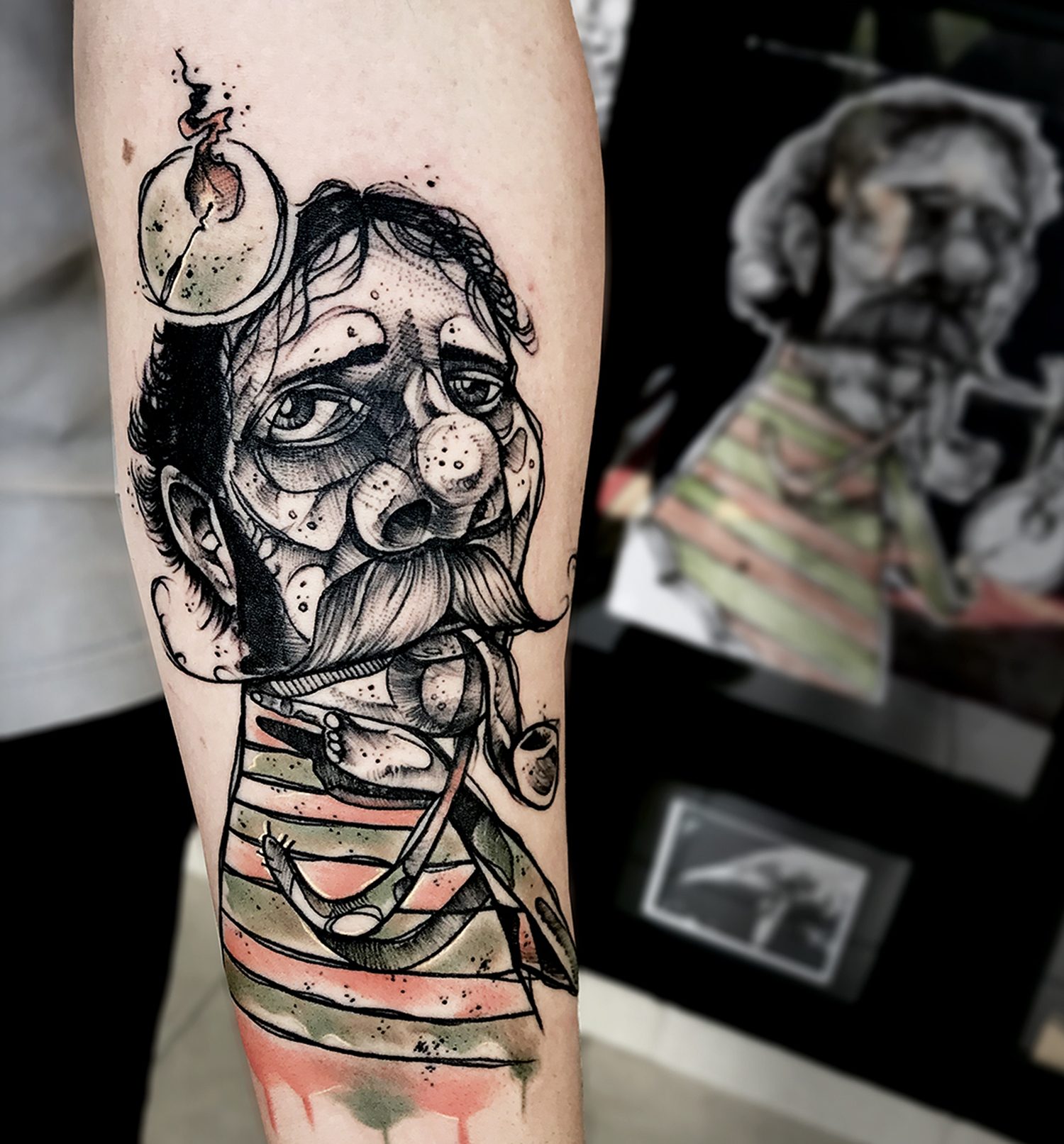 man with pipe, sketch style tattoo