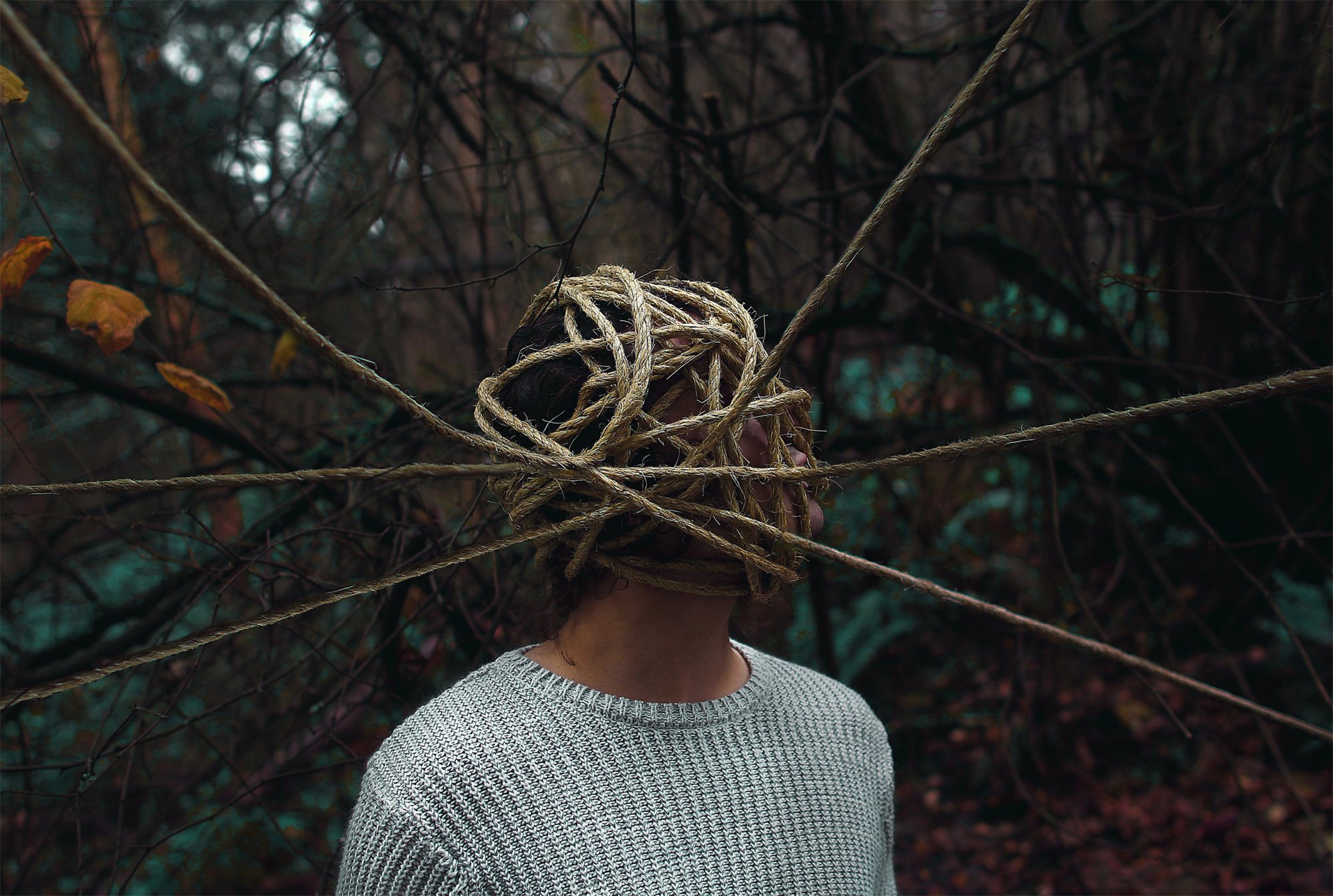 bound, rope tied to head, dark photography