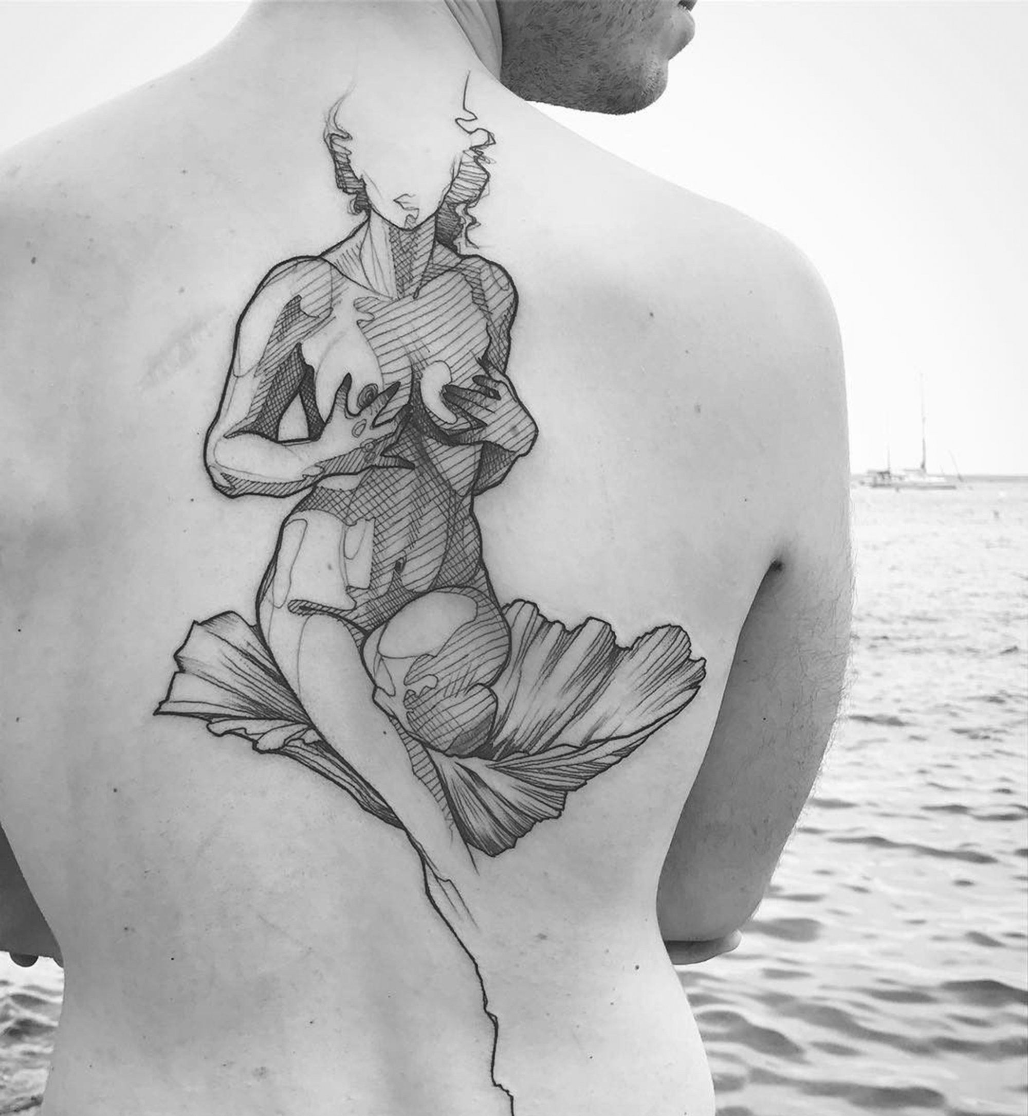 woman tattoo on back, sketch style, illustrative