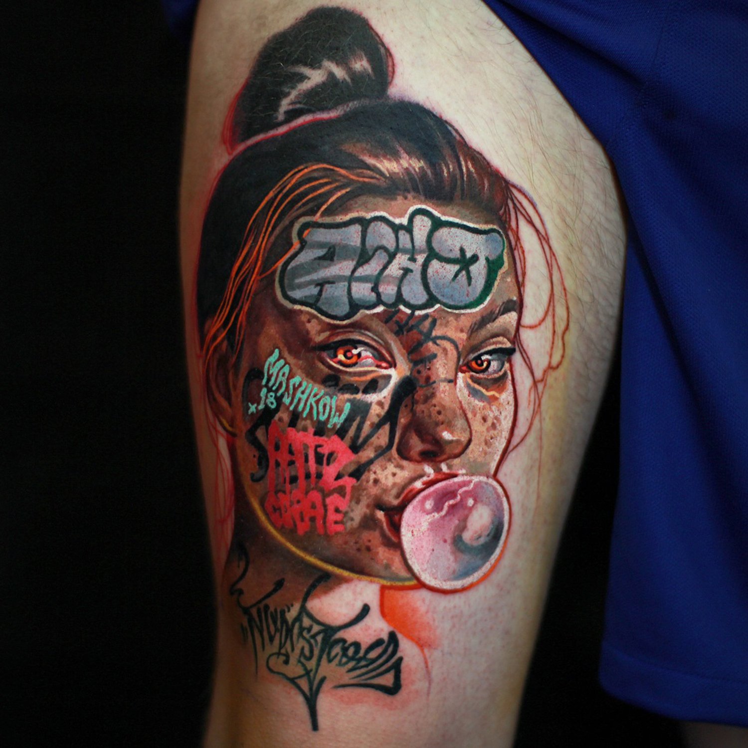bubble gum girl, graffitied face , tattoo on thigh