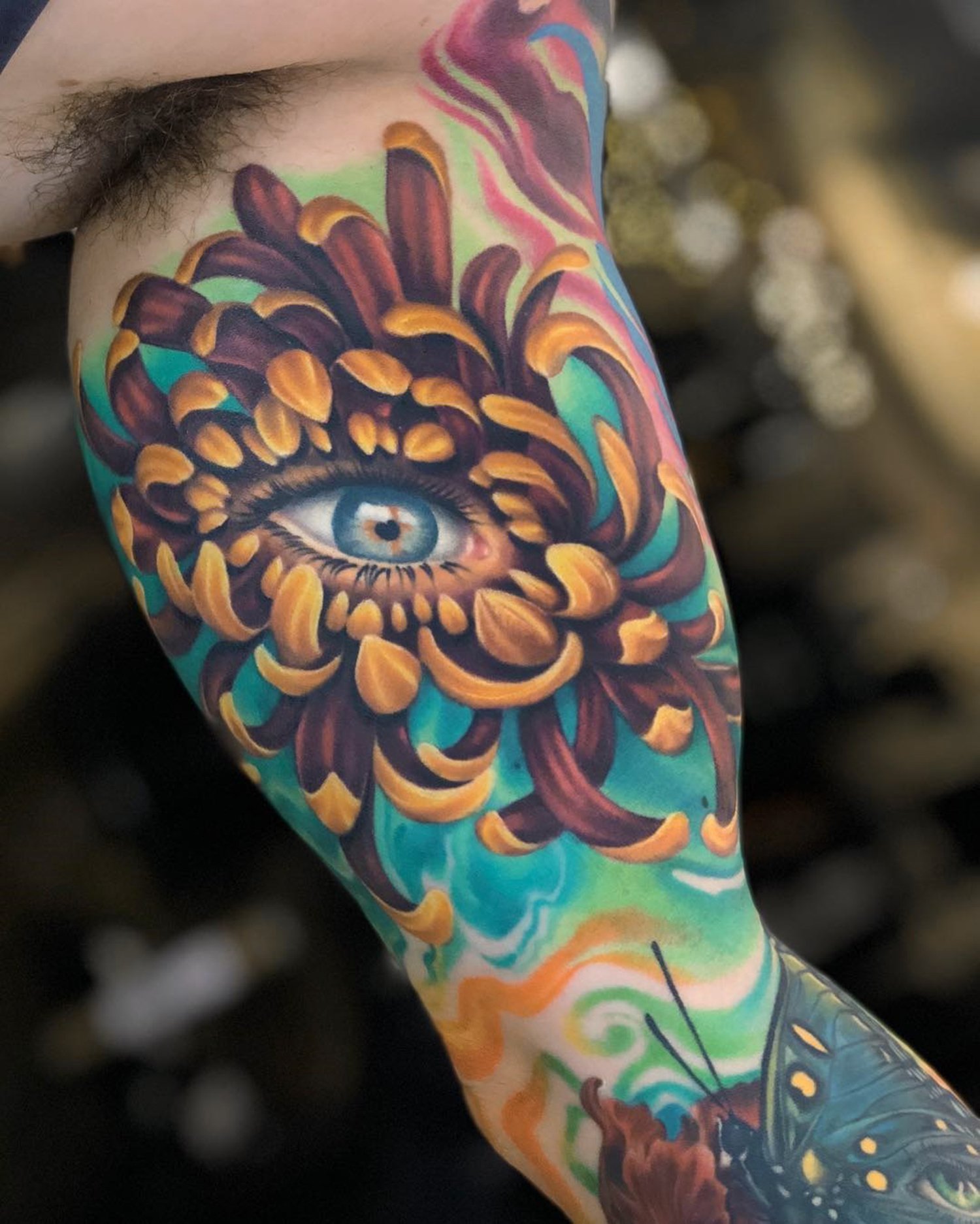 flower and eye, realistic style, surreal tattoo