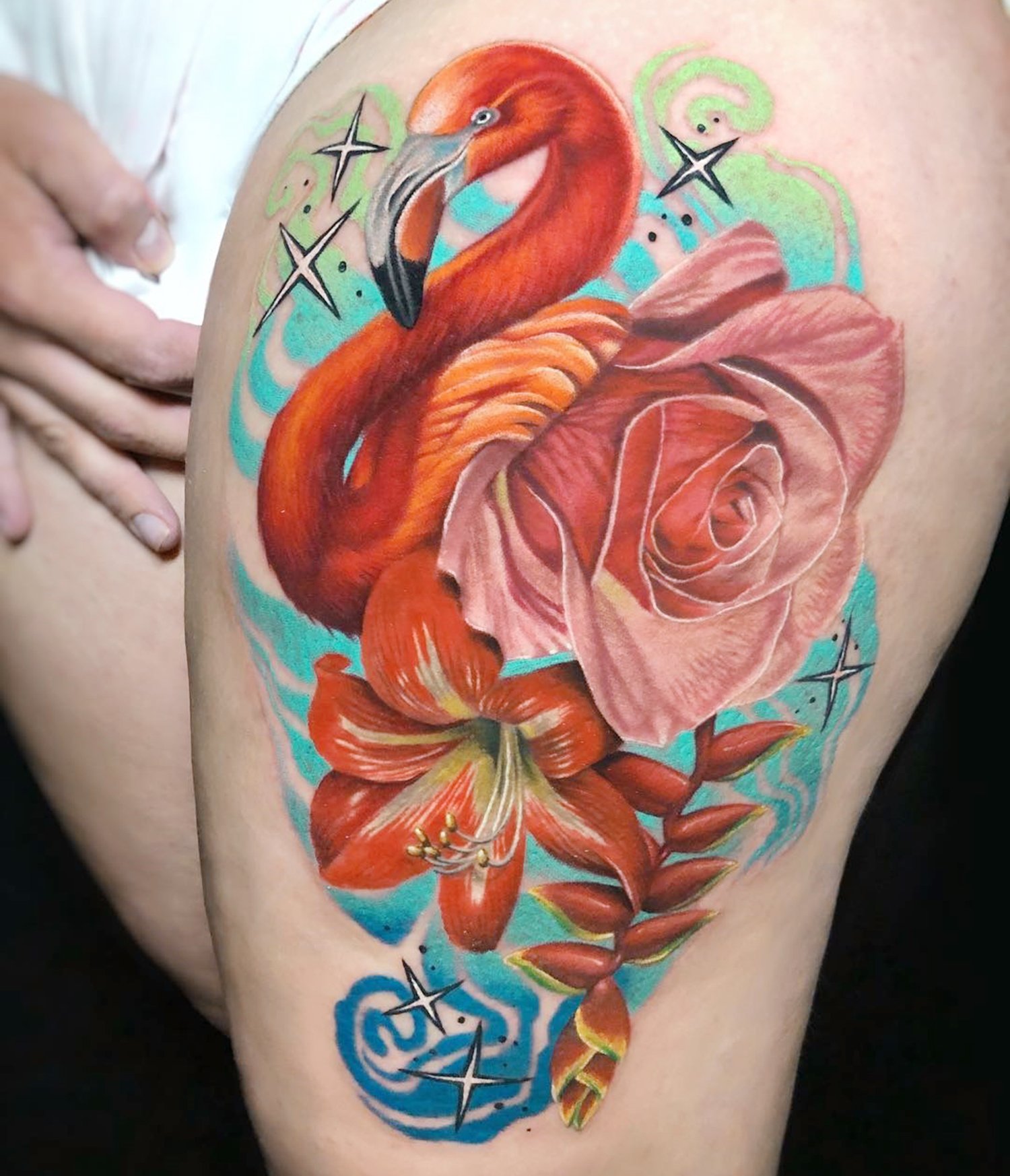 pink flamingo, color realism tattoo