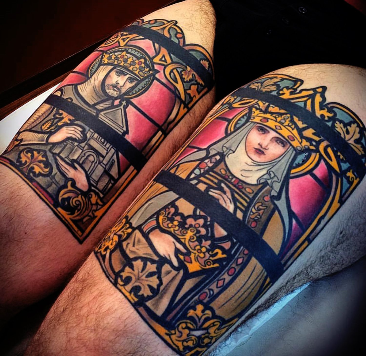 Mike Tattoo Artist on Twitter A stained glass tattoo is Heavy black  borders represent the ironwork filled in with vibrant colours to create  the illusion of an illuminated stainedglass window Get one